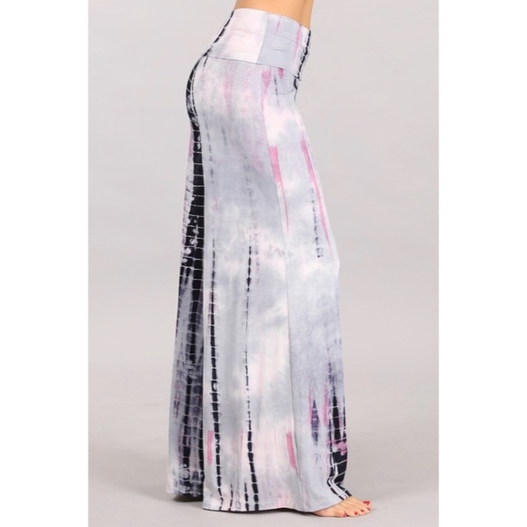 Silver & Pink Tie Dye High Waist Bohemian Wide Leg Palazzo Lounge Casual Pants - Picture 4 of 6